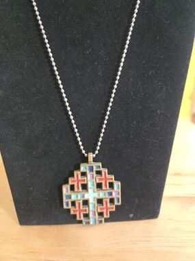 Vintage Terra Sancta Guild Enamel Cross Pendant Necklace - Multicolor